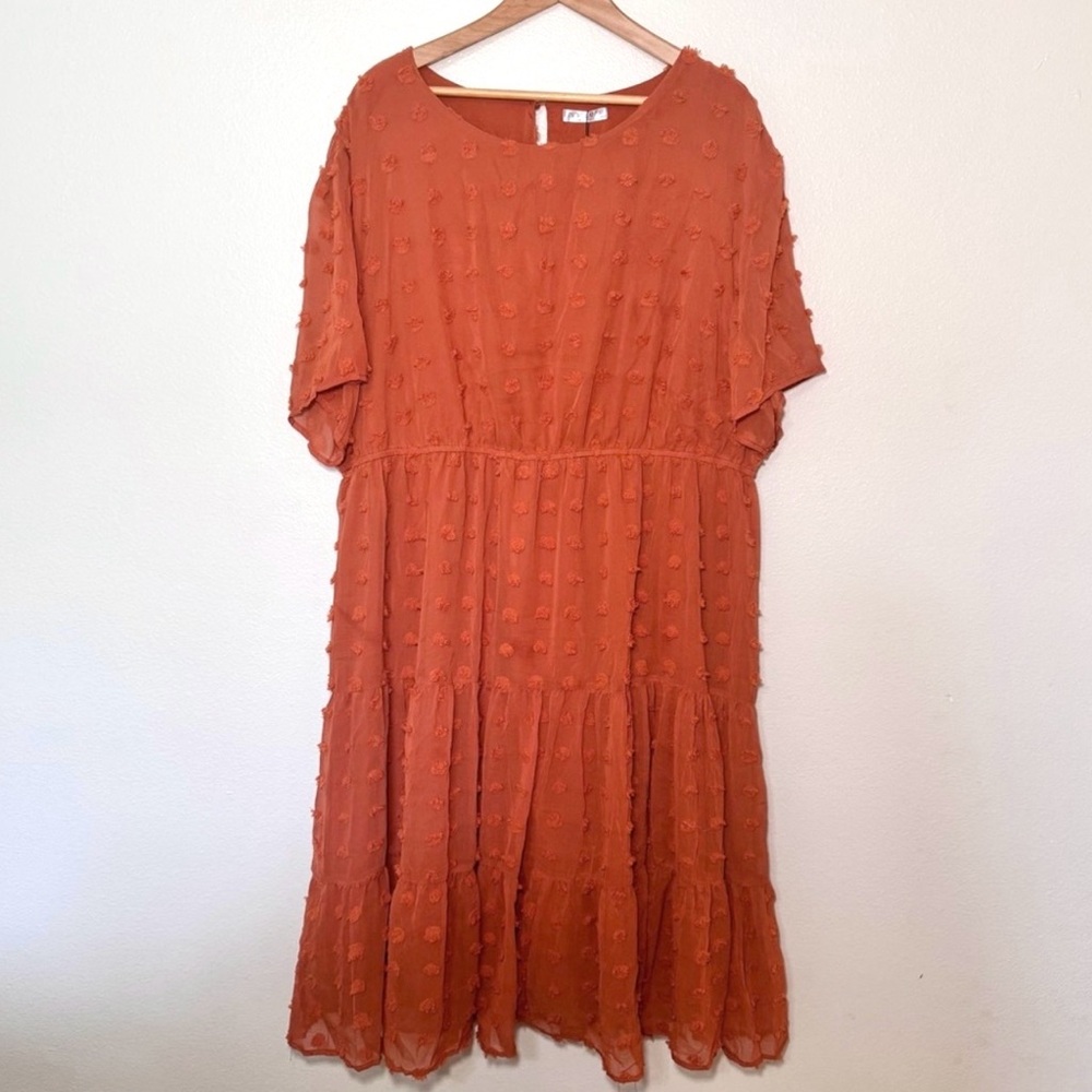 In’Voland Burnt Orange Swiss Dot Tiered Midi Dress 24W NWT